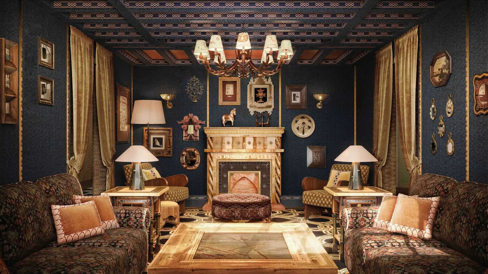 Hôtel Saint Roch · 3D render: Fireplace lounge